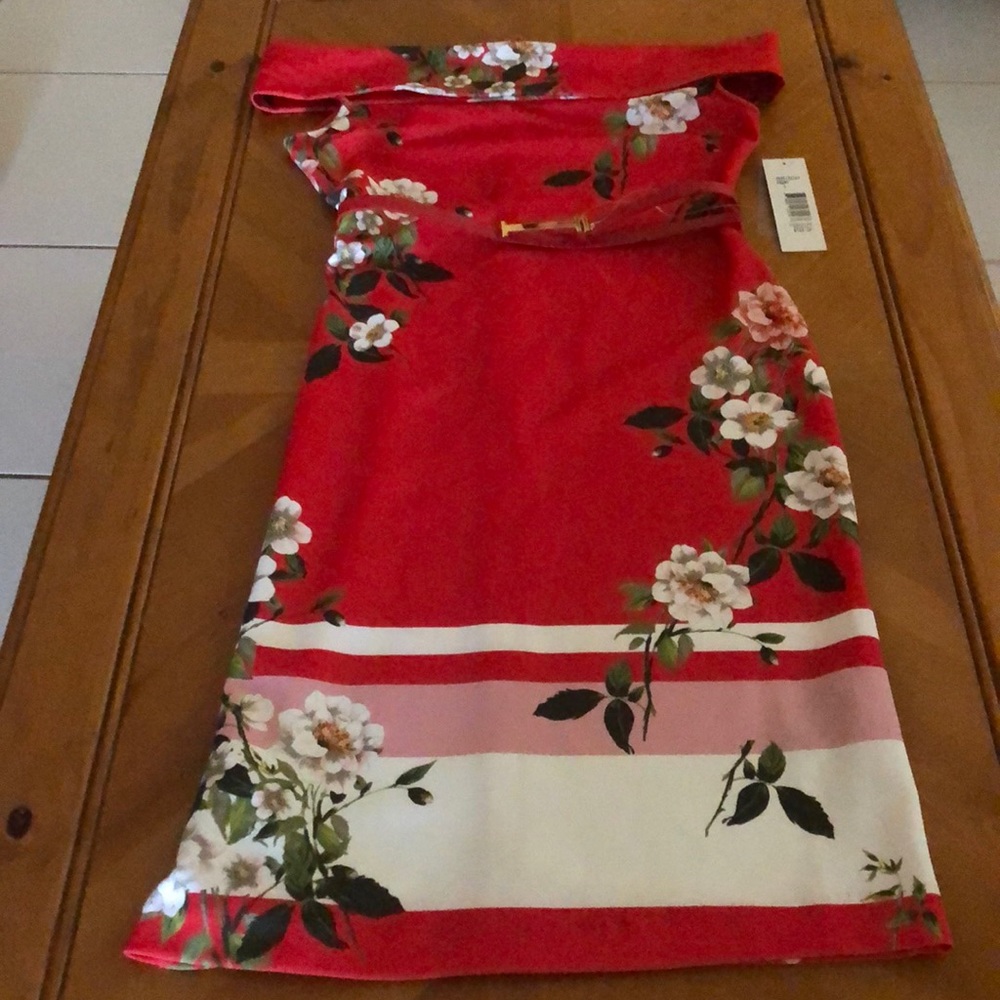 NWT Sharagano off shoulder floral dress with belt - Picture 3 of 8